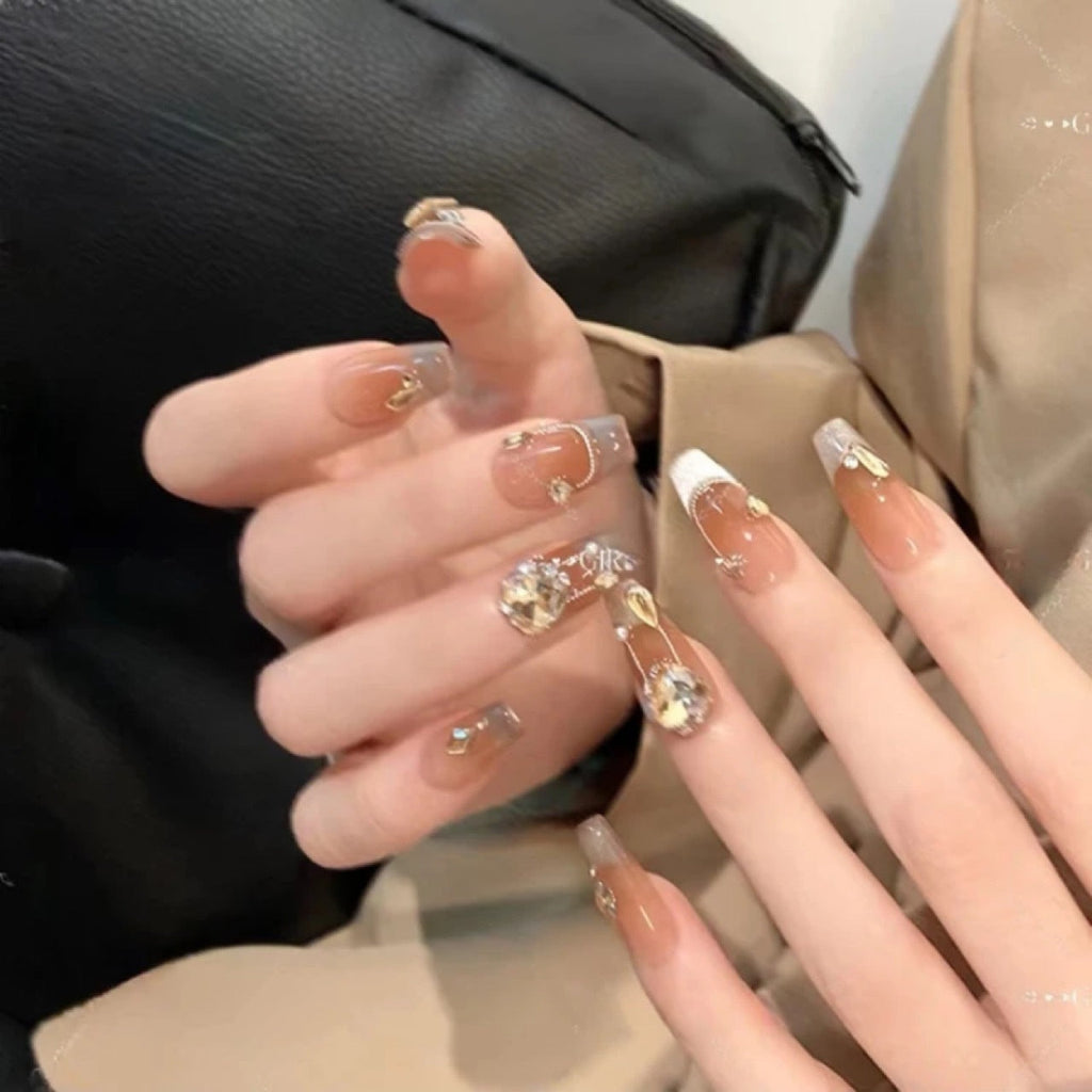 Top-tier luxury cat-eye French diamond Maillard color series handmade press-on nails by a nail art manufacturer