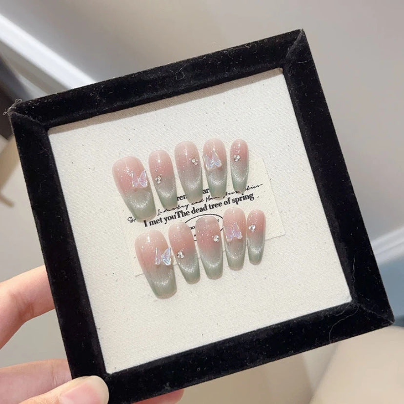 [Oxygen Mint] Cat Eye Mint Green Handmade Popular on Xiaohongshu Light Luxury High-End Phototherapy Wholesale Wearable Nails
