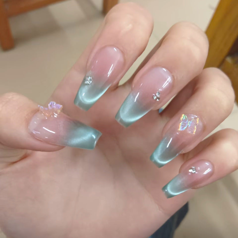 [Oxygen Mint] Cat Eye Mint Green Handmade Popular on Xiaohongshu Light Luxury High-End Phototherapy Wholesale Wearable Nails