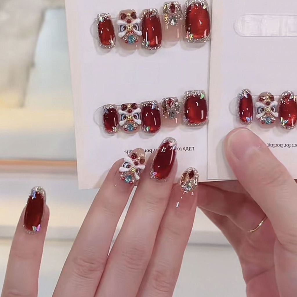 New Year's Edition Traditional Red 3D Lion Dance Wearable Nails with Butterfly Silver Diamond Trim, High-End Look, Brightening Effect Nail Stickers