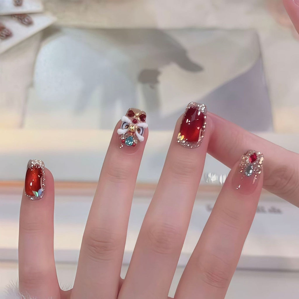 New Year's Edition Traditional Red 3D Lion Dance Wearable Nails with Butterfly Silver Diamond Trim, High-End Look, Brightening Effect Nail Stickers