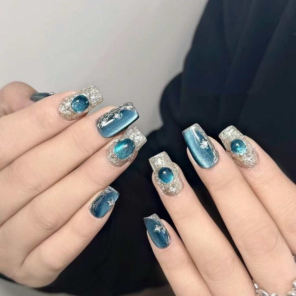 Blue Buccellati French-style light luxury, flattering and versatile, purely handmade press-on nails, wholesale, same style as on Douyin