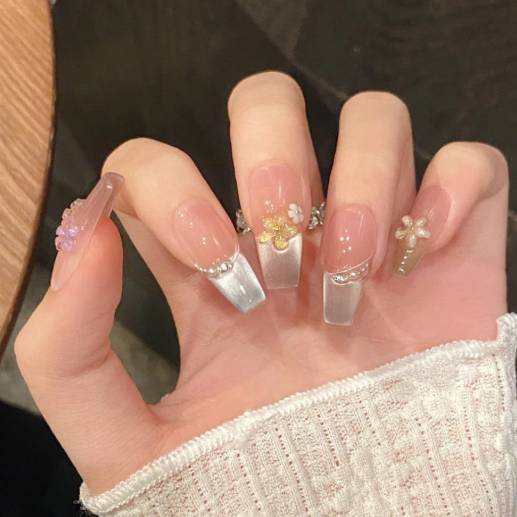 Floral Time French Style Colorful Cat's Eye Crystal Five-Petal Flower Fresh Spring-Summer Handmade Wearable Nails Wholesale Finished Products