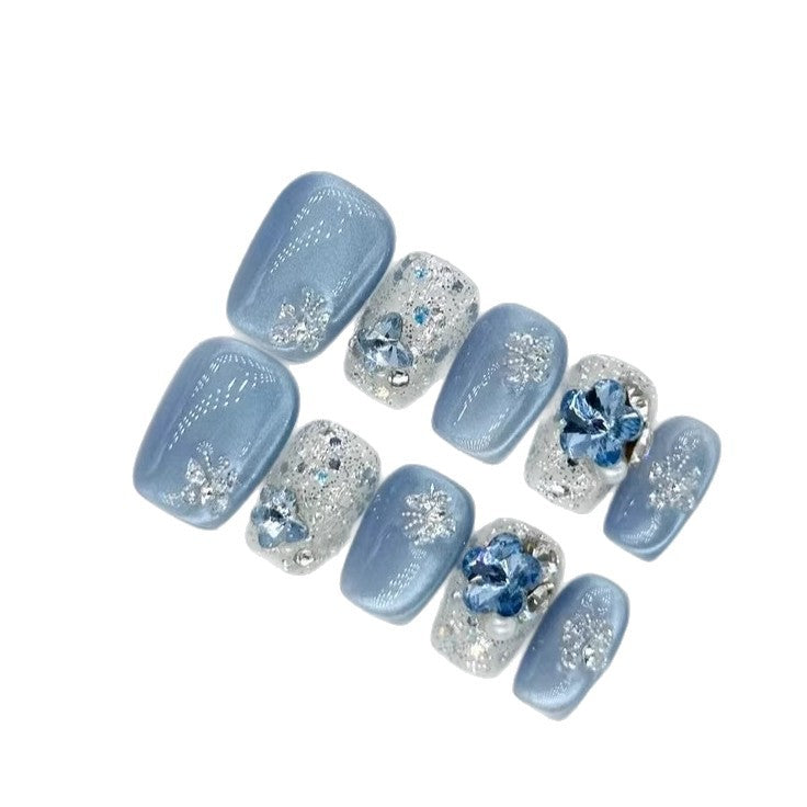 Cat-eye press-on nails wholesale, skin-brightening press-on nails, short square press-on nails wholesale, handmade press-on nails, blue ice premium