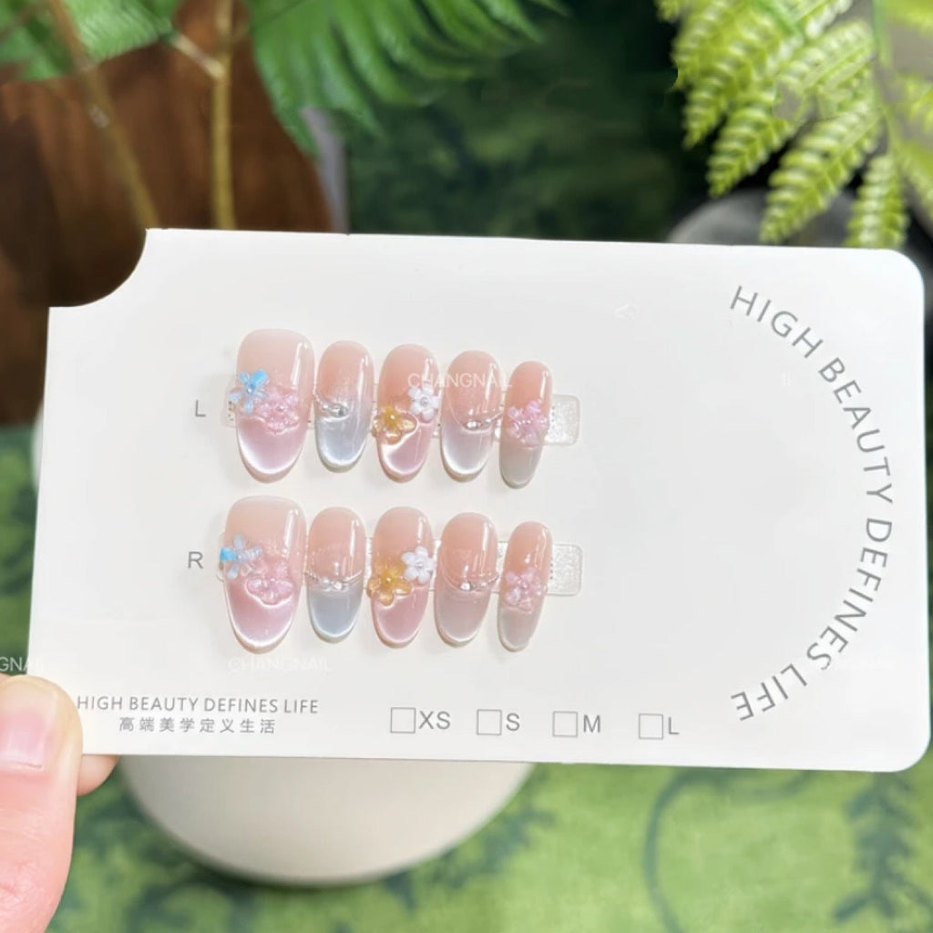 Floral Time French Style Colorful Cat's Eye Crystal Five-Petal Flower Fresh Spring-Summer Handmade Wearable Nails Wholesale Finished Products