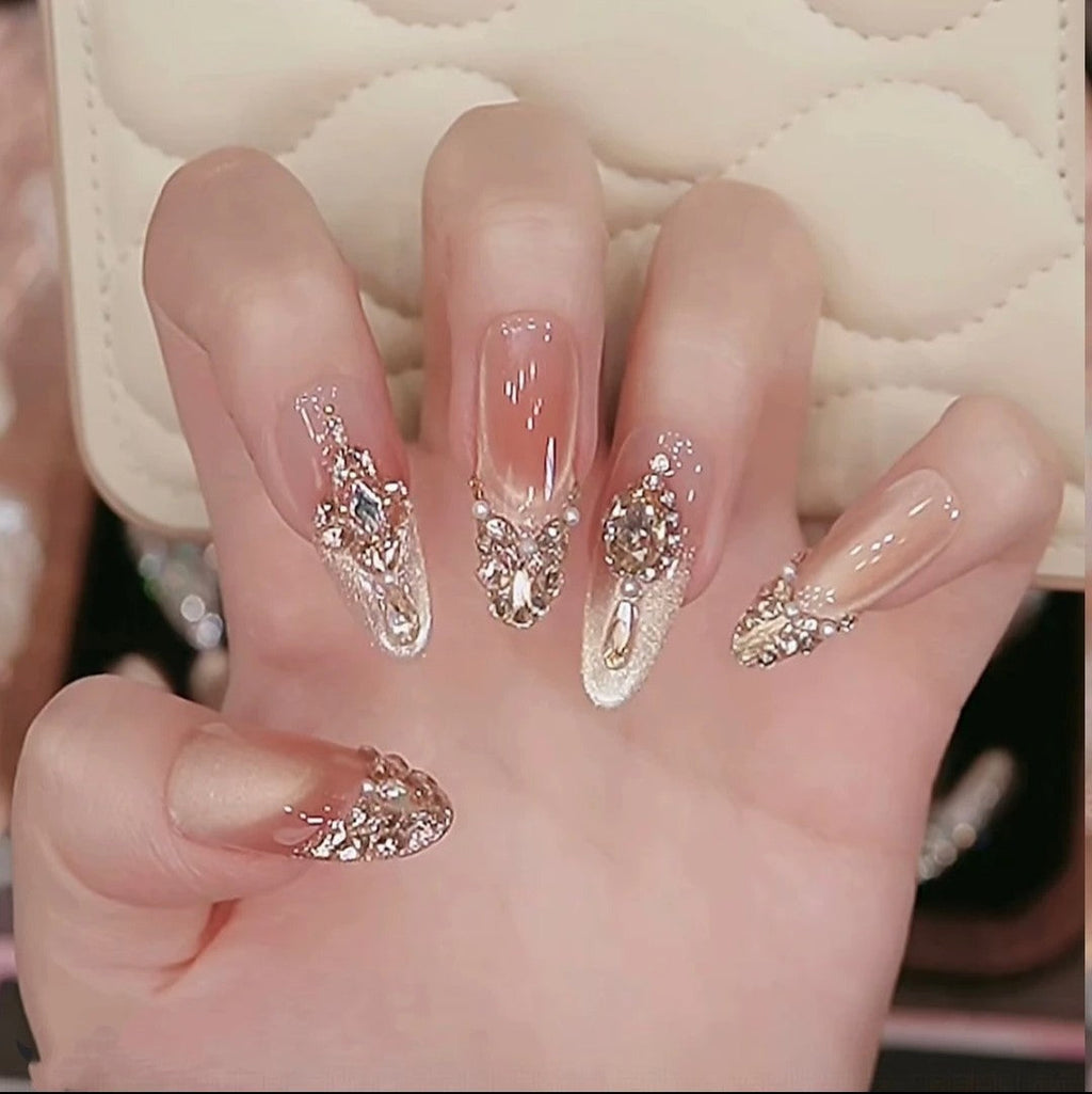Jingtu Qixin Long Wearable Nails, Handmade Nail Tips, Champagne Sparkling Manicure, High-end Internet Celebrity Nail Stickers