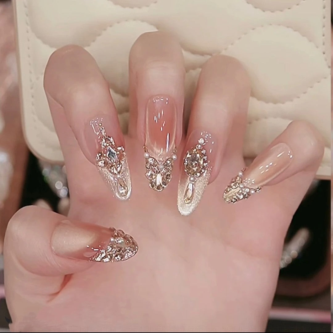 Jingtu Qixin Long Wearable Nails, Handmade Nail Tips, Champagne Sparkling Manicure, High-end Internet Celebrity Nail Stickers
